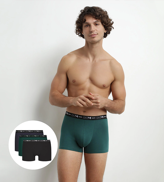 DIM COTTON STRETCH BOXER 3x - Pánské boxerky 3 ks - tmavě zelená - modrá - černá