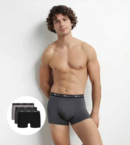 DIM COTTON STRETCH BOXER 3x - Pánské boxerky 3 ks - černá - šedá