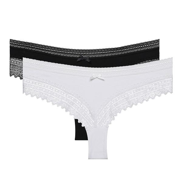 DIM SEXY FASHION BRAZILIAN 2x - Dámské bavlněné brazilky s krajkou 2 ks - černá - bílá